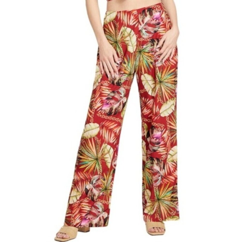 Guess Wide-Leg Pants Size XS Xsmall Leta Tropical Print Red High-Rise‎